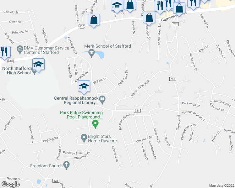 map of restaurants, bars, coffee shops, grocery stores, and more near 6 Leather Bark Court in Stafford
