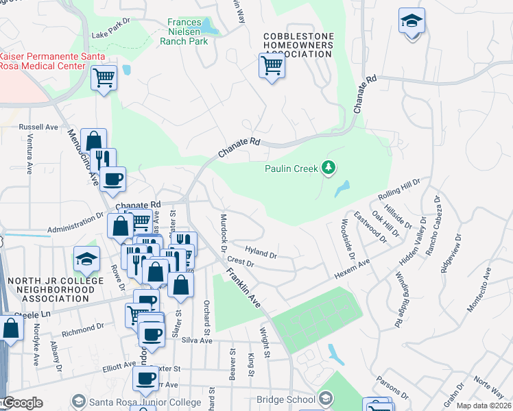 map of restaurants, bars, coffee shops, grocery stores, and more near 2348 Sycamore Avenue in Santa Rosa