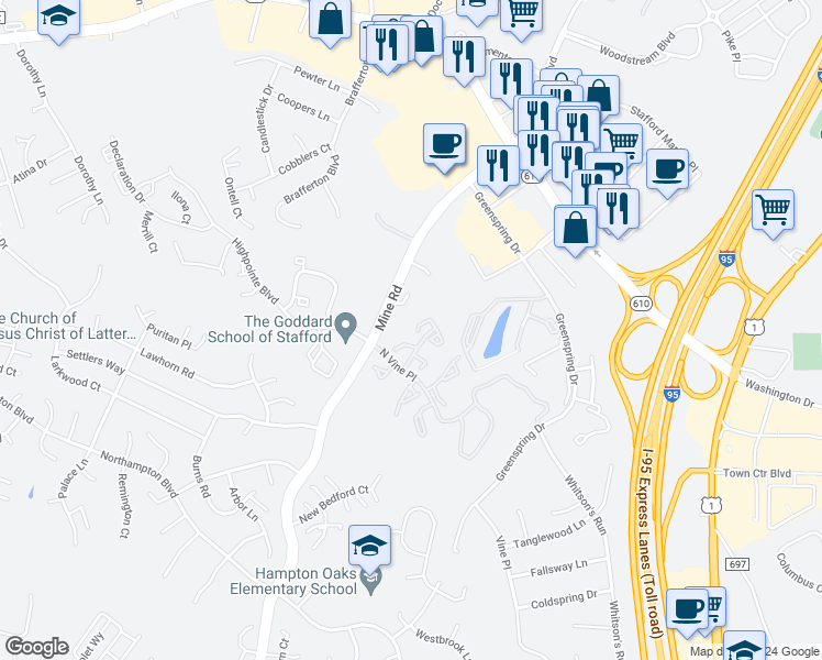 map of restaurants, bars, coffee shops, grocery stores, and more near 101 Healy Court in Stafford