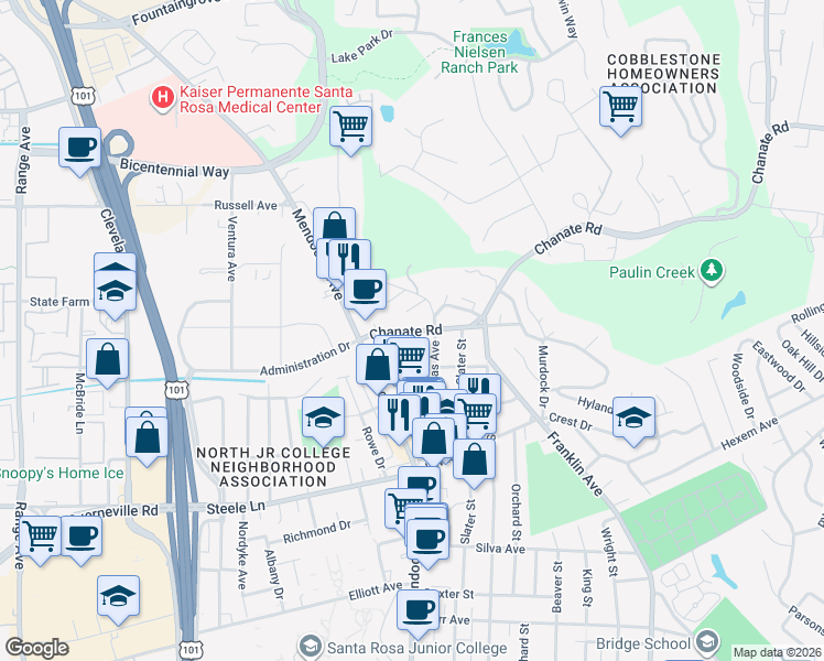 map of restaurants, bars, coffee shops, grocery stores, and more near 2344 Chanate Road in Santa Rosa