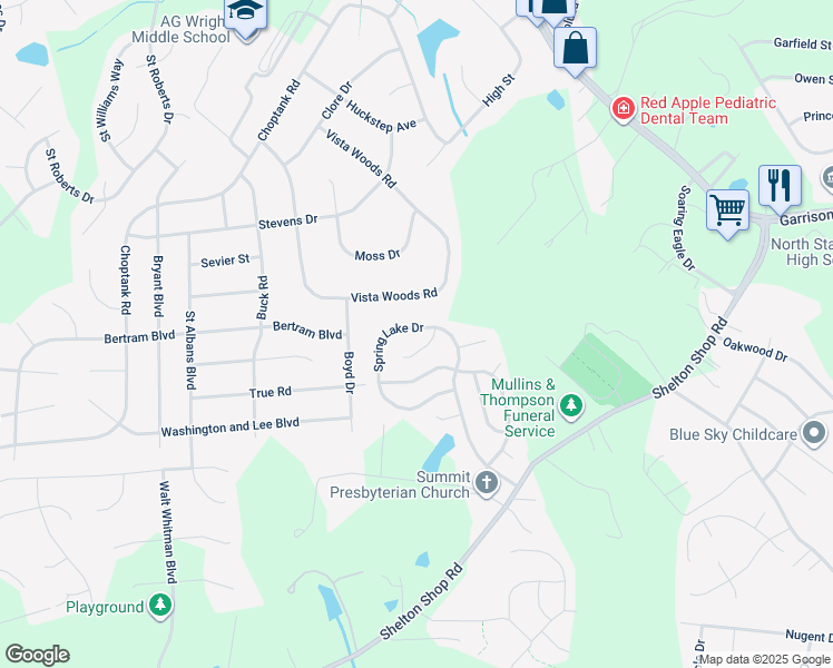 map of restaurants, bars, coffee shops, grocery stores, and more near 104 Spring Lake Drive in Stafford
