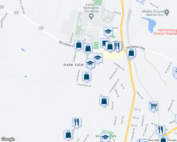 map of restaurants, bars, coffee shops, grocery stores, and more near 1027 Shenandoah Street in Harrisonburg