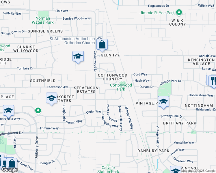 map of restaurants, bars, coffee shops, grocery stores, and more near 8516 Middlesax Way in Sacramento