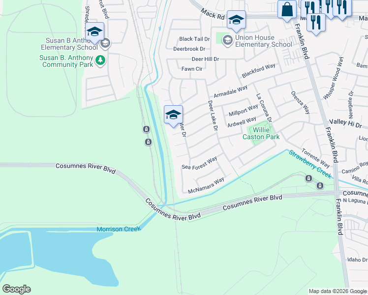 map of restaurants, bars, coffee shops, grocery stores, and more near 4014 Evalita Way in Sacramento