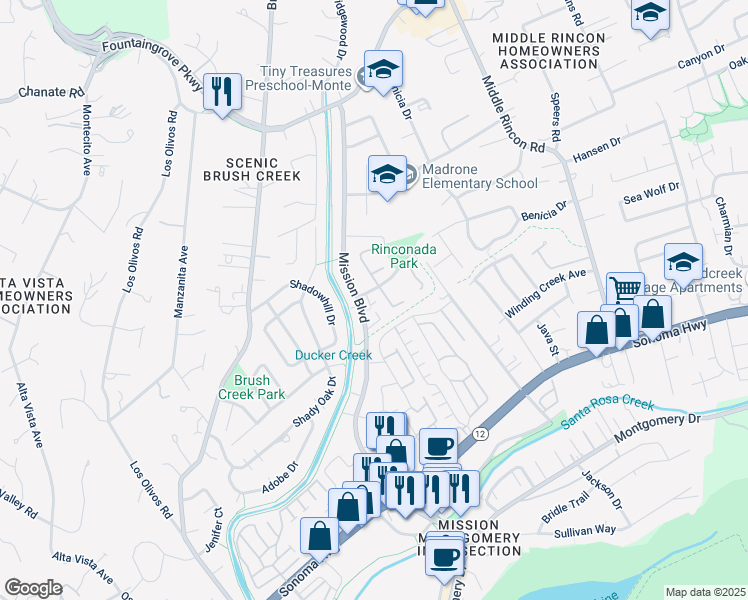 map of restaurants, bars, coffee shops, grocery stores, and more near 1804 Mission Boulevard in Santa Rosa