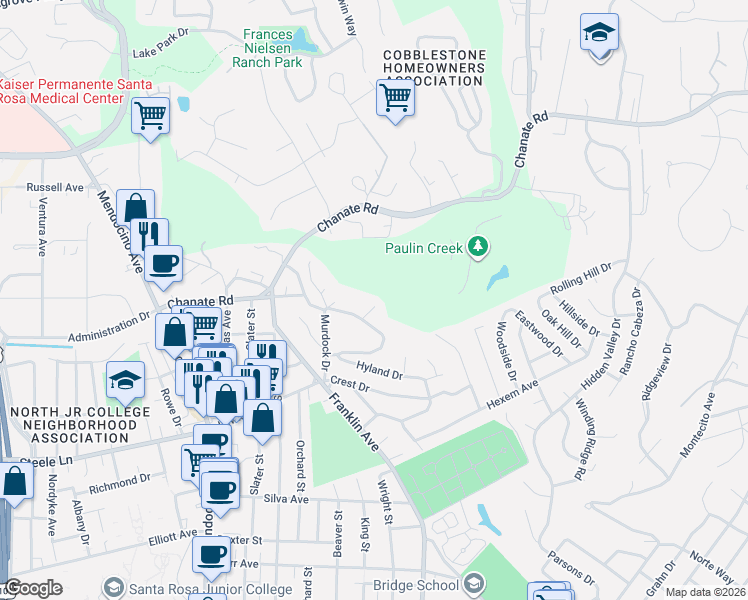 map of restaurants, bars, coffee shops, grocery stores, and more near 2348 Sycamore Avenue in Santa Rosa