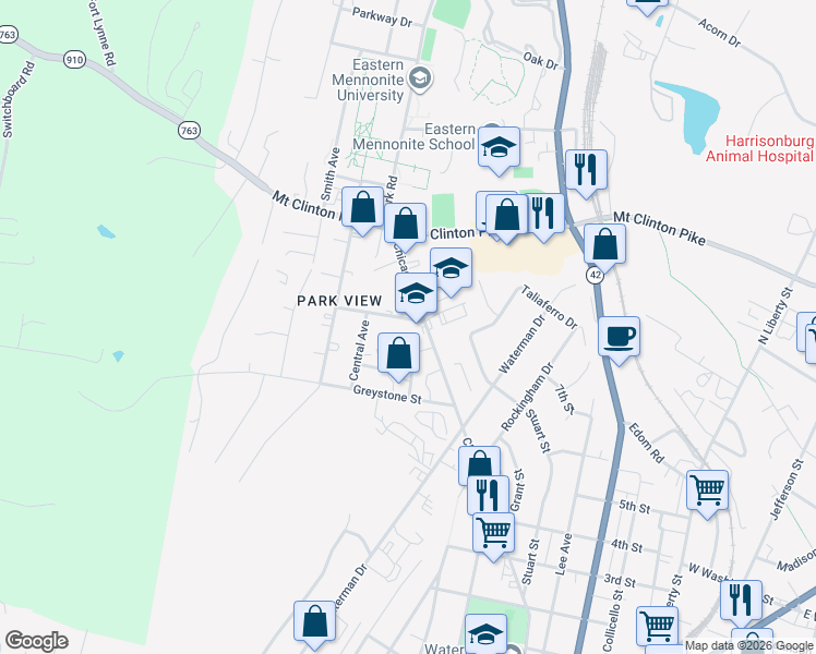 map of restaurants, bars, coffee shops, grocery stores, and more near 1009 Chicago Avenue in Harrisonburg