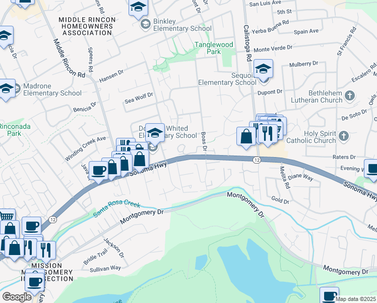 map of restaurants, bars, coffee shops, grocery stores, and more near 101 Boas Drive in Santa Rosa
