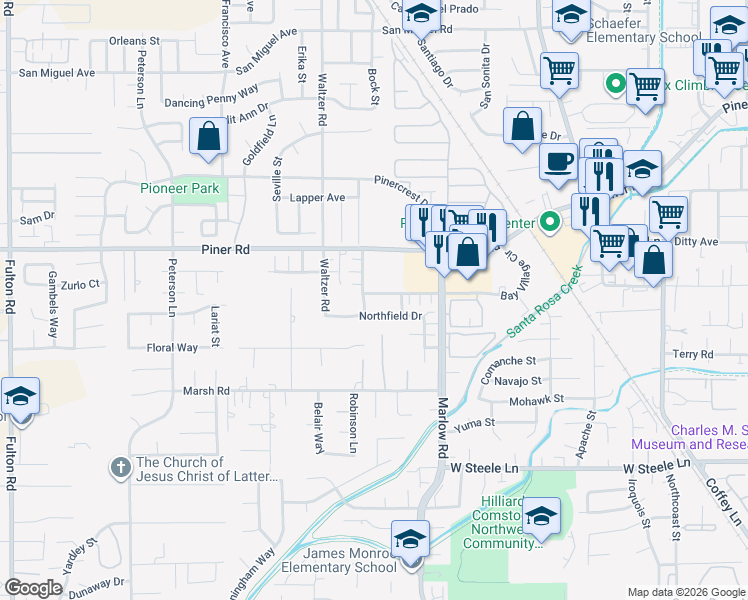 map of restaurants, bars, coffee shops, grocery stores, and more near 2958 Bay Village Avenue in Santa Rosa