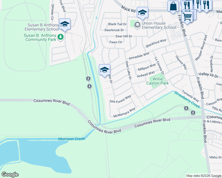 map of restaurants, bars, coffee shops, grocery stores, and more near 4014 Evalita Way in Sacramento