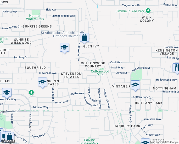 map of restaurants, bars, coffee shops, grocery stores, and more near 8516 Middlesax Way in Sacramento