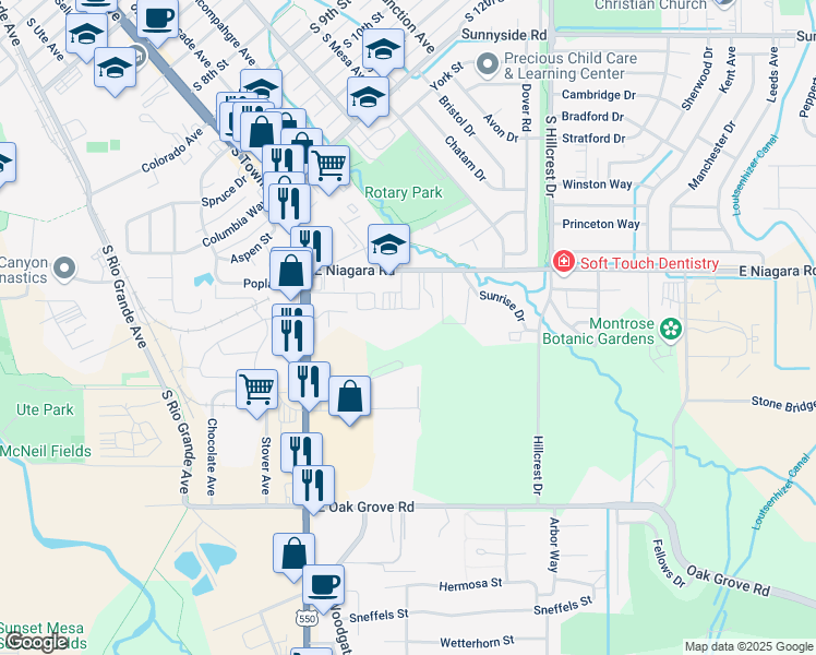 map of restaurants, bars, coffee shops, grocery stores, and more near 1855 Saint Marys Drive in Montrose