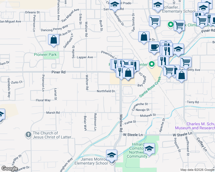 map of restaurants, bars, coffee shops, grocery stores, and more near 2828 Bay Village Avenue in Santa Rosa