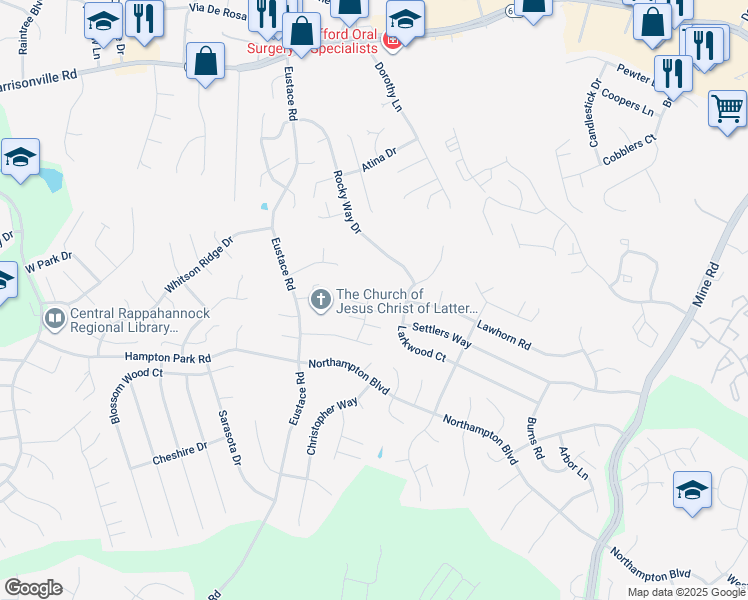 map of restaurants, bars, coffee shops, grocery stores, and more near 20 Darbywood Court in Stafford