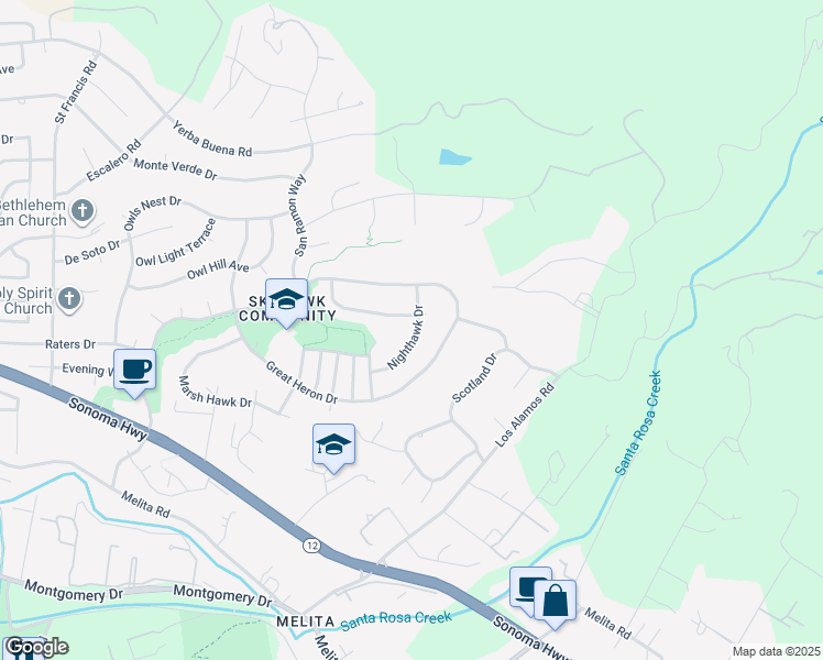 map of restaurants, bars, coffee shops, grocery stores, and more near 1455 Nighthawk Drive in Santa Rosa