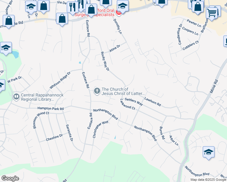 map of restaurants, bars, coffee shops, grocery stores, and more near 20 Darbywood Court in Stafford