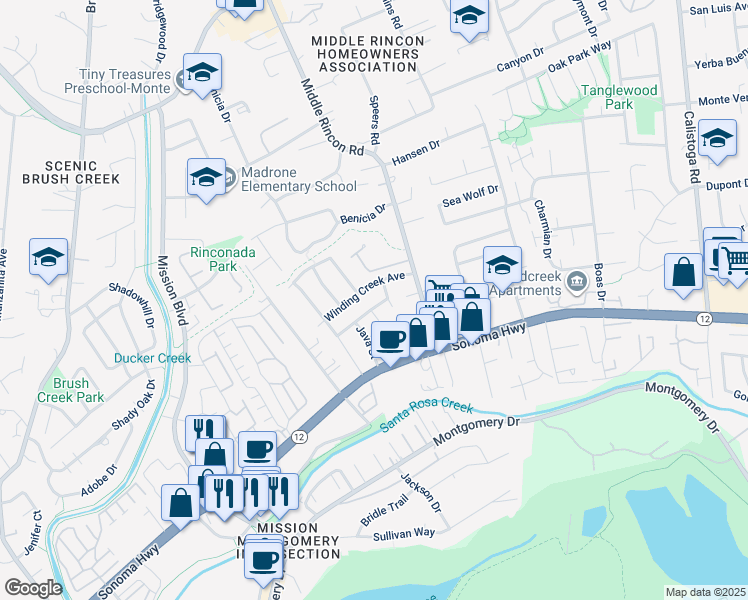 map of restaurants, bars, coffee shops, grocery stores, and more near 4741 Starbuck Avenue in Santa Rosa