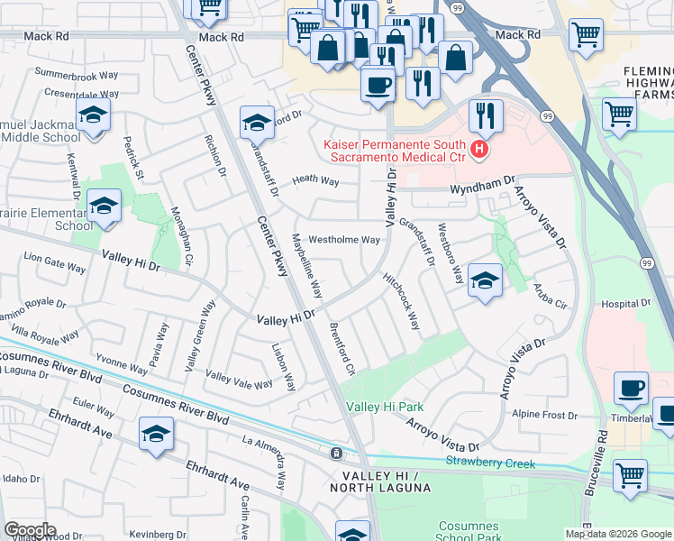 map of restaurants, bars, coffee shops, grocery stores, and more near 6241 Denslow Way in Sacramento