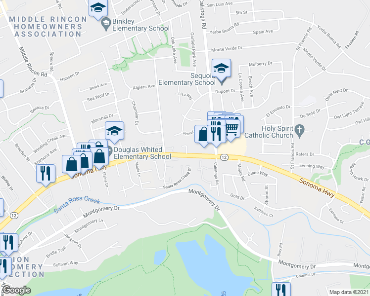 map of restaurants, bars, coffee shops, grocery stores, and more near 1225 Hidden Creek Place in Santa Rosa