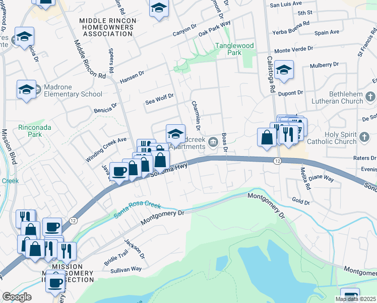 map of restaurants, bars, coffee shops, grocery stores, and more near 5060 Roma Street in Santa Rosa