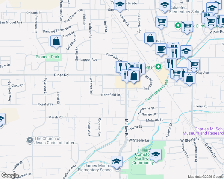 map of restaurants, bars, coffee shops, grocery stores, and more near 2828 Bay Village Avenue in Santa Rosa