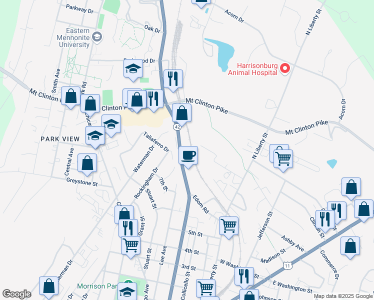 map of restaurants, bars, coffee shops, grocery stores, and more near 1084 Virginia Ave in Harrisonburg