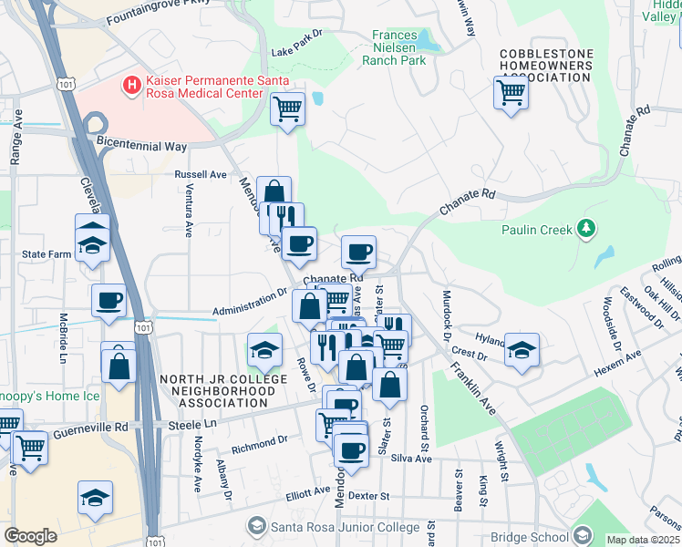 map of restaurants, bars, coffee shops, grocery stores, and more near 2331 Chanate Road in Santa Rosa