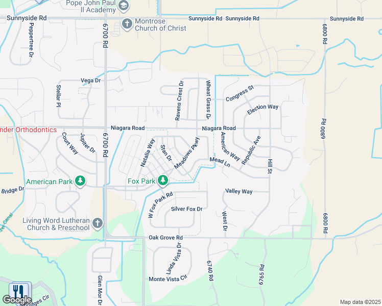 map of restaurants, bars, coffee shops, grocery stores, and more near 3234 Meadows Parkway in Montrose
