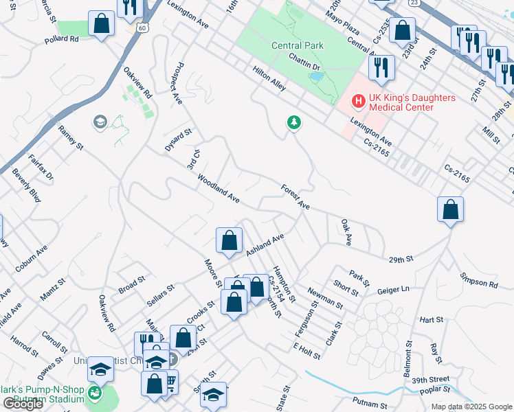 map of restaurants, bars, coffee shops, grocery stores, and more near 1151 Poplar Avenue in Ashland