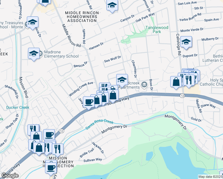 map of restaurants, bars, coffee shops, grocery stores, and more near Marshall Drive & School Street in Santa Rosa