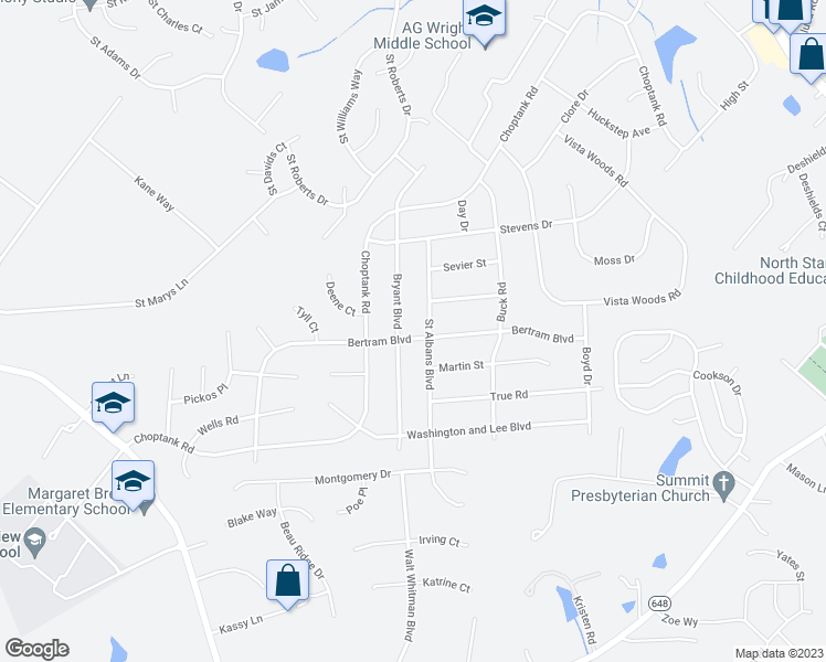 map of restaurants, bars, coffee shops, grocery stores, and more near 36 Bertram Boulevard in Stafford