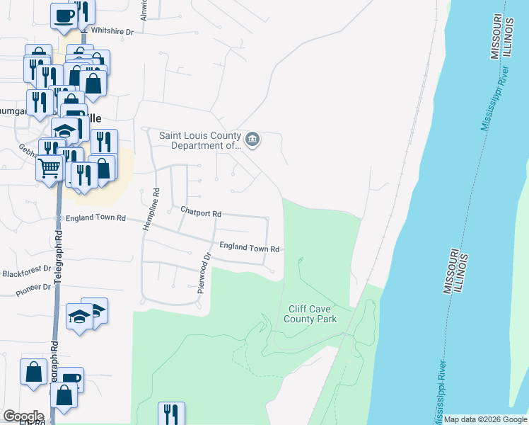 map of restaurants, bars, coffee shops, grocery stores, and more near 2123 Chatport Road in St. Louis