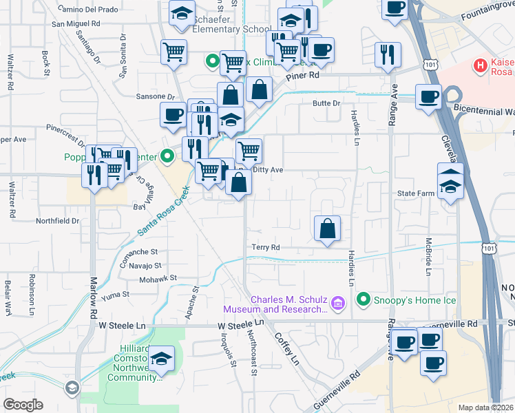 map of restaurants, bars, coffee shops, grocery stores, and more near 2021 Bluebell Drive in Santa Rosa