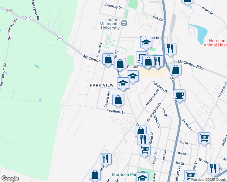 map of restaurants, bars, coffee shops, grocery stores, and more near 1053 Shenandoah Street in Harrisonburg