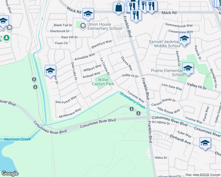 map of restaurants, bars, coffee shops, grocery stores, and more near 4290 Chinquapin Way in Sacramento