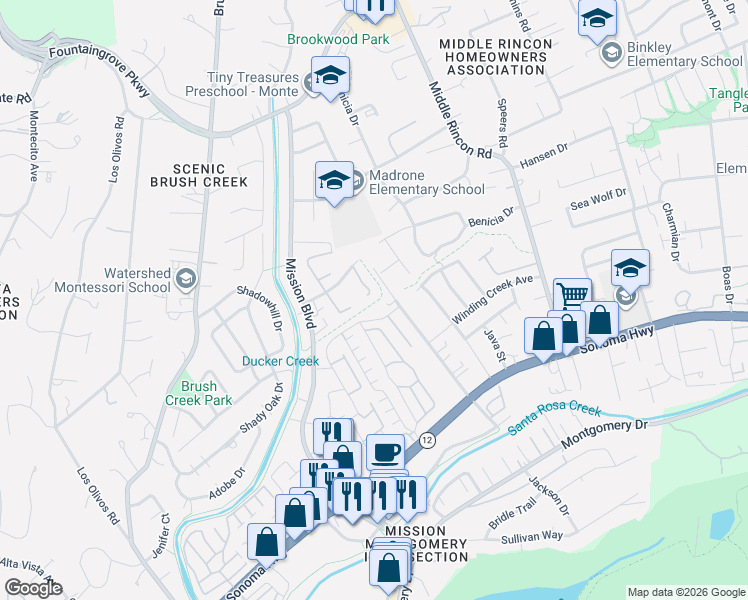 map of restaurants, bars, coffee shops, grocery stores, and more near 1728 Las Raposas Court in Santa Rosa