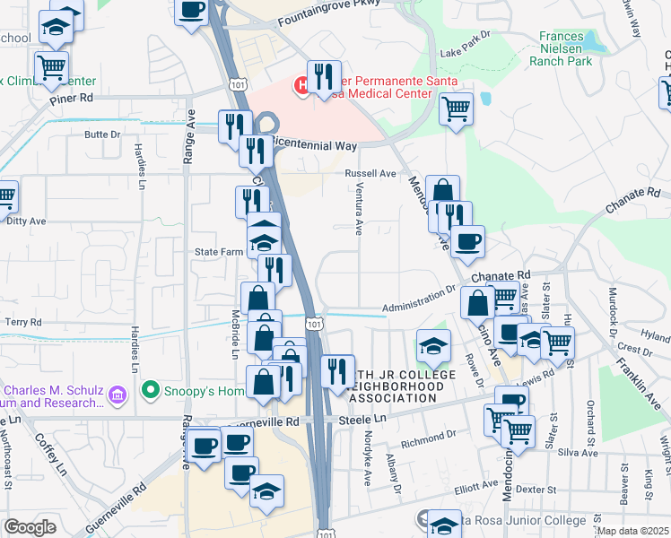 map of restaurants, bars, coffee shops, grocery stores, and more near 585 Fiscal Drive in Santa Rosa
