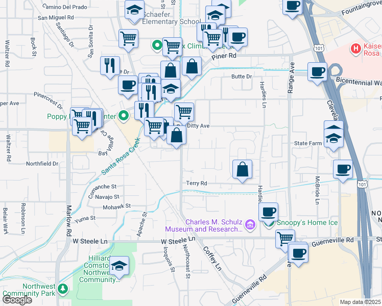 map of restaurants, bars, coffee shops, grocery stores, and more near 2021 Bluebell Drive in Santa Rosa