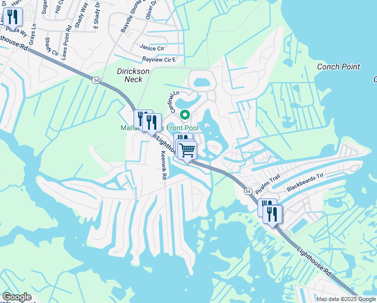 map of restaurants, bars, coffee shops, grocery stores, and more near 11 Mockingbird Lane in Selbyville