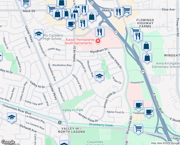 map of restaurants, bars, coffee shops, grocery stores, and more near 8027 Grandstaff Drive in Sacramento