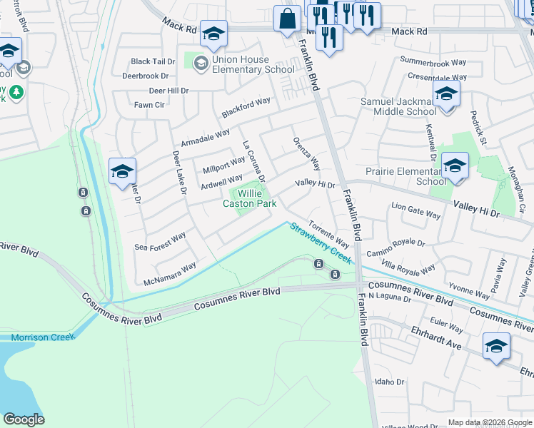 map of restaurants, bars, coffee shops, grocery stores, and more near 4290 Chinquapin Way in Sacramento