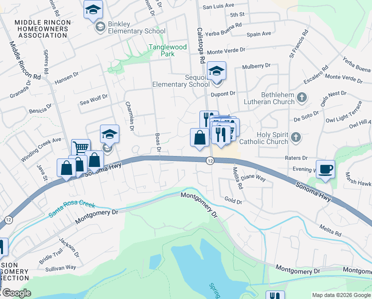 map of restaurants, bars, coffee shops, grocery stores, and more near 1224 Hidden Creek Place in Santa Rosa