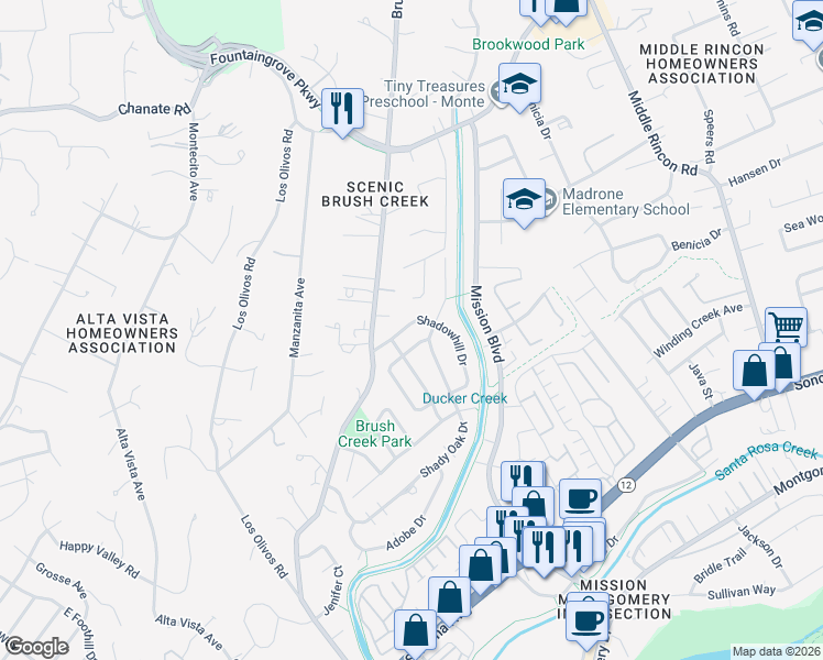 map of restaurants, bars, coffee shops, grocery stores, and more near 3868 Shadowhill Drive in Santa Rosa