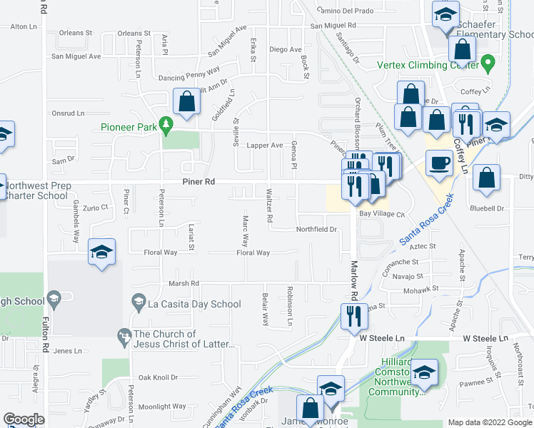 map of restaurants, bars, coffee shops, grocery stores, and more near 1767 Waltzer Road in Santa Rosa