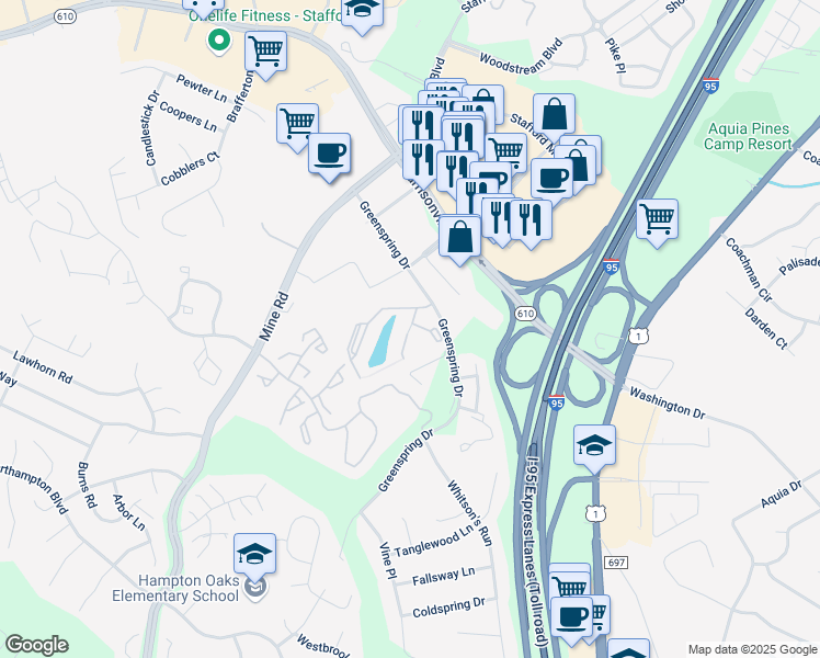 map of restaurants, bars, coffee shops, grocery stores, and more near 242 Waterside Terrace in Stafford