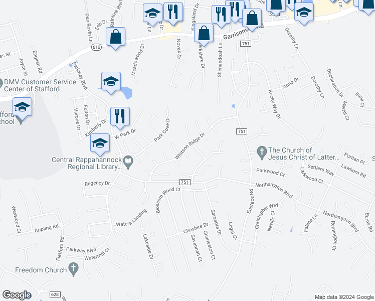 map of restaurants, bars, coffee shops, grocery stores, and more near 1 Greystone Place in Stafford