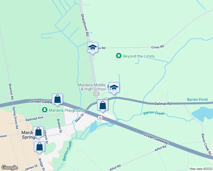 map of restaurants, bars, coffee shops, grocery stores, and more near 24940 Delmar Road in Mardela Springs