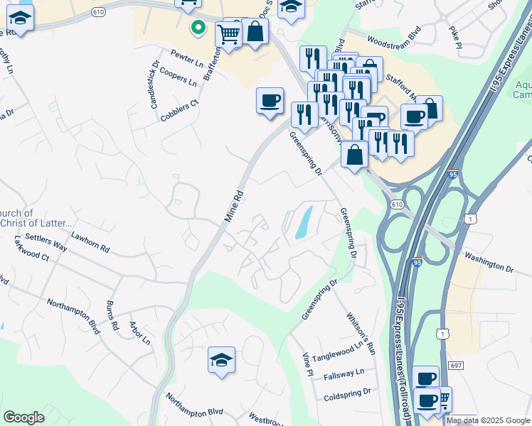 map of restaurants, bars, coffee shops, grocery stores, and more near 211 Healy Court in Stafford