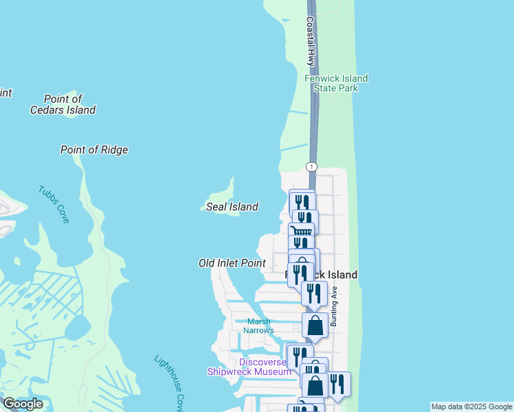 map of restaurants, bars, coffee shops, grocery stores, and more near in Fenwick Isle