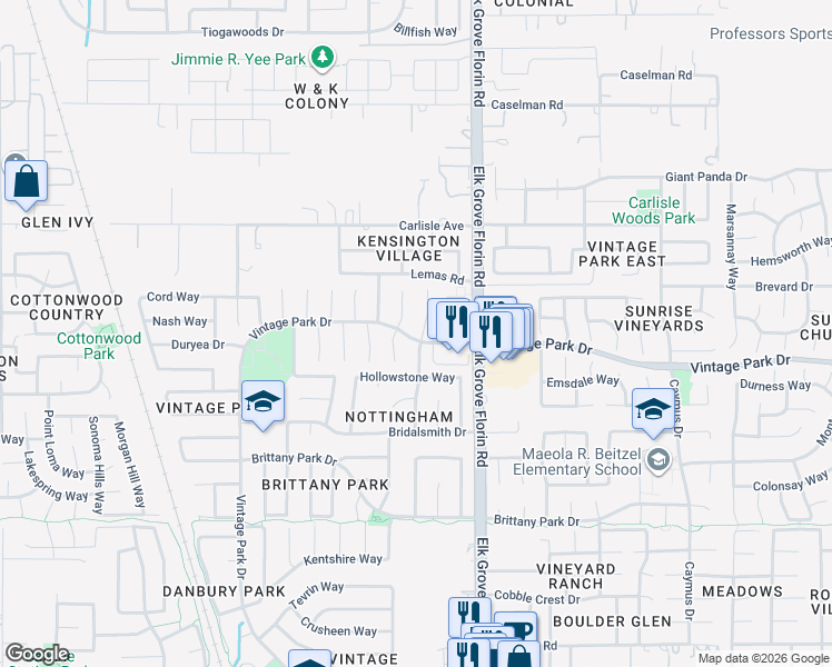 map of restaurants, bars, coffee shops, grocery stores, and more near 8032 Healy Court in Sacramento